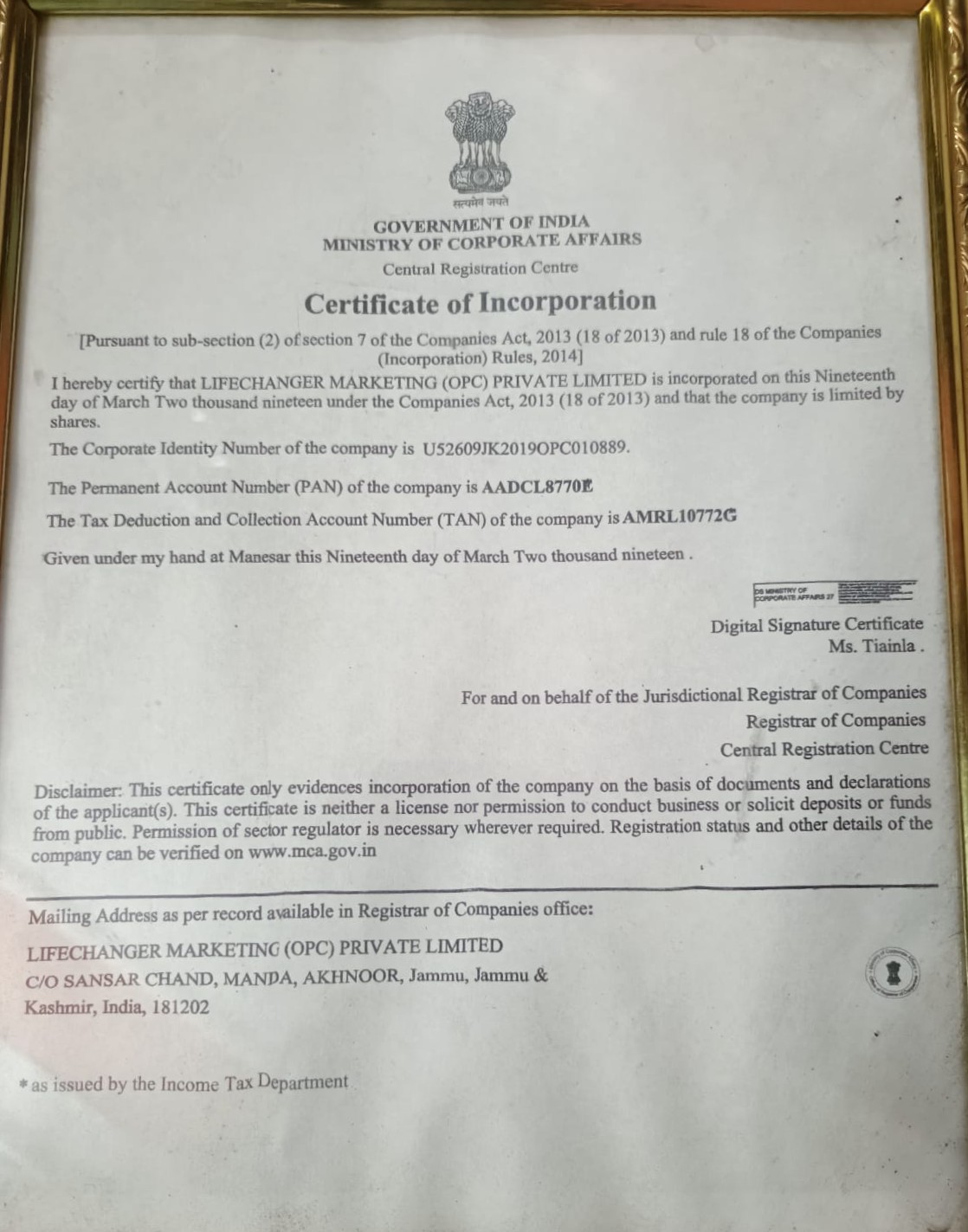 LCM PAN & Tax Certificate