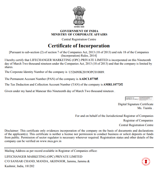 Certificate of Incorporation